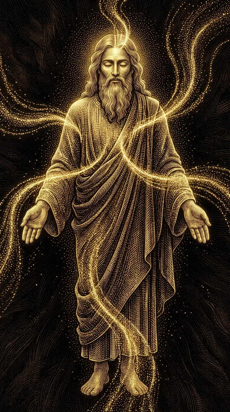 Gravura dourada de uma figura em meditação envolta em luz